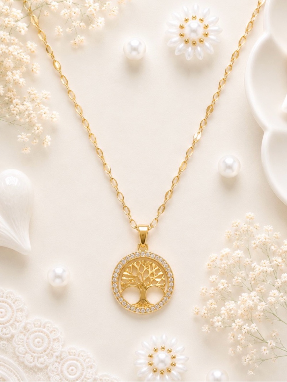 Gold Plated Tree of Life Round Charm Pendant Necklace